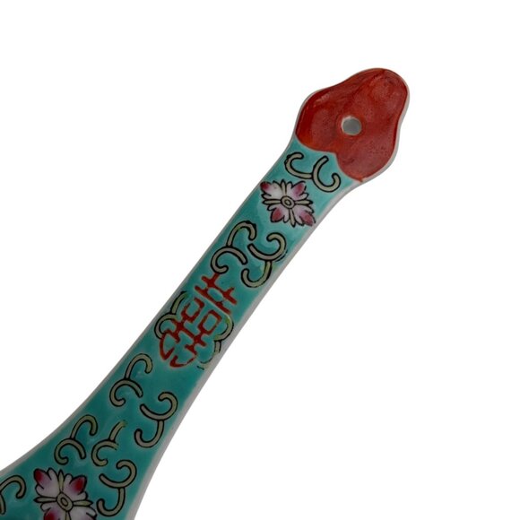 Vintage Chinese Ceramic Soup Spoon With Floral Design & Turquoise Glaze - Picture 3 of 5